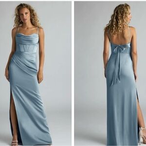 Elegant Satin Blue Spaghetti-Strap Evening Gown